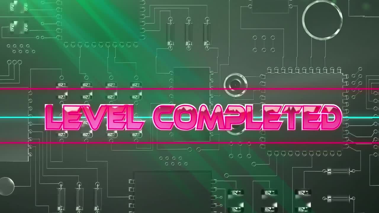 블랙 배경에 마이크로프로세서 연결의 클로즈업 위에 네온 배너에 수준 완료 텍스트