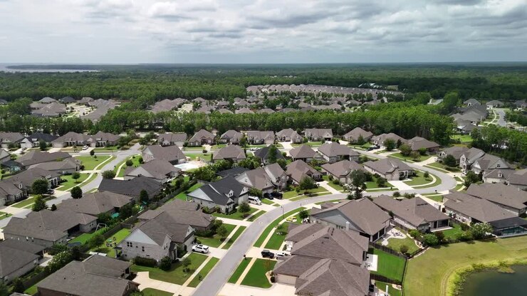 Luxury Houses In Neighborhood Of Freeport In Florida, USA. orbiting drone shot