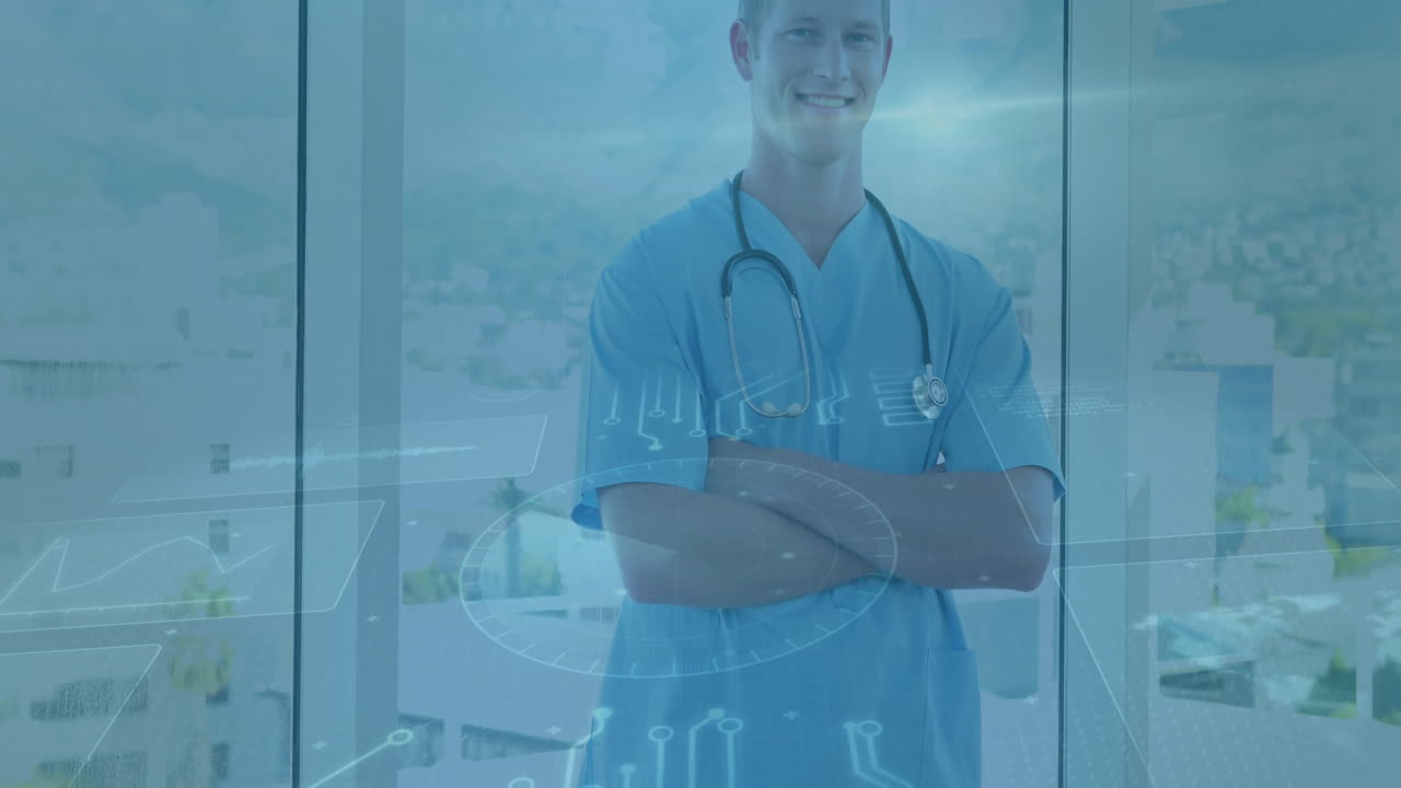 Healthcare professional with stethoscope smiling over digital medical interface animation