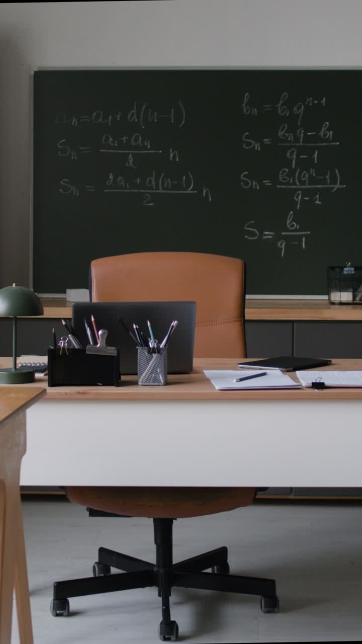 Classroom with a teacher's desk and blackboard full of equations