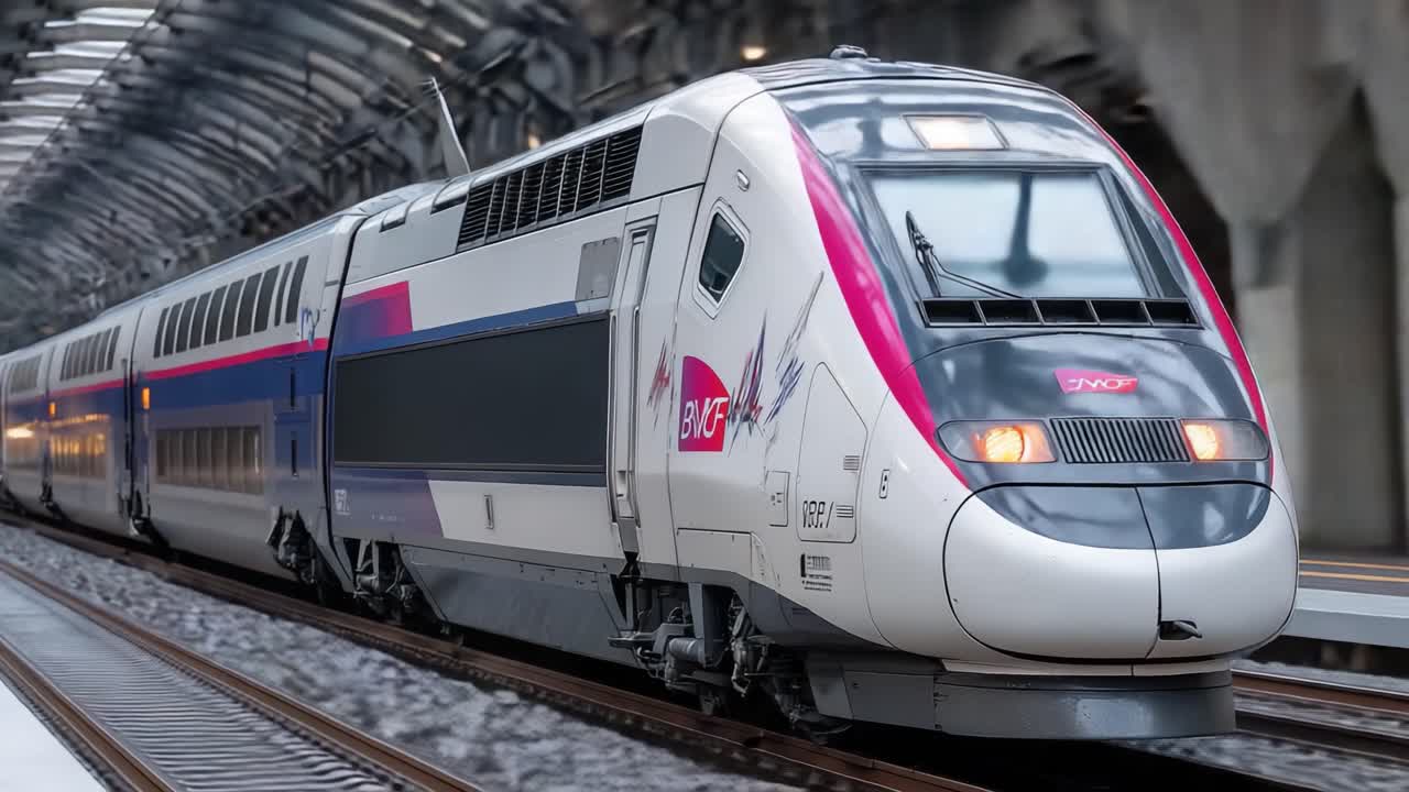 Treno ad alta velocità che sfreccia attraverso una stazione moderna, mostrando un design elegante e tecnologia avanzata in movimento.