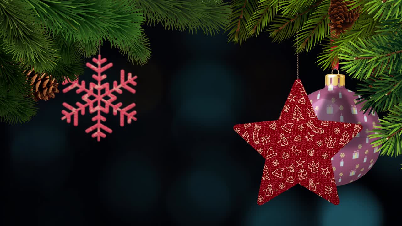 los adornos de navidad y los pinos se balancean en un fondo bokeh en bucle