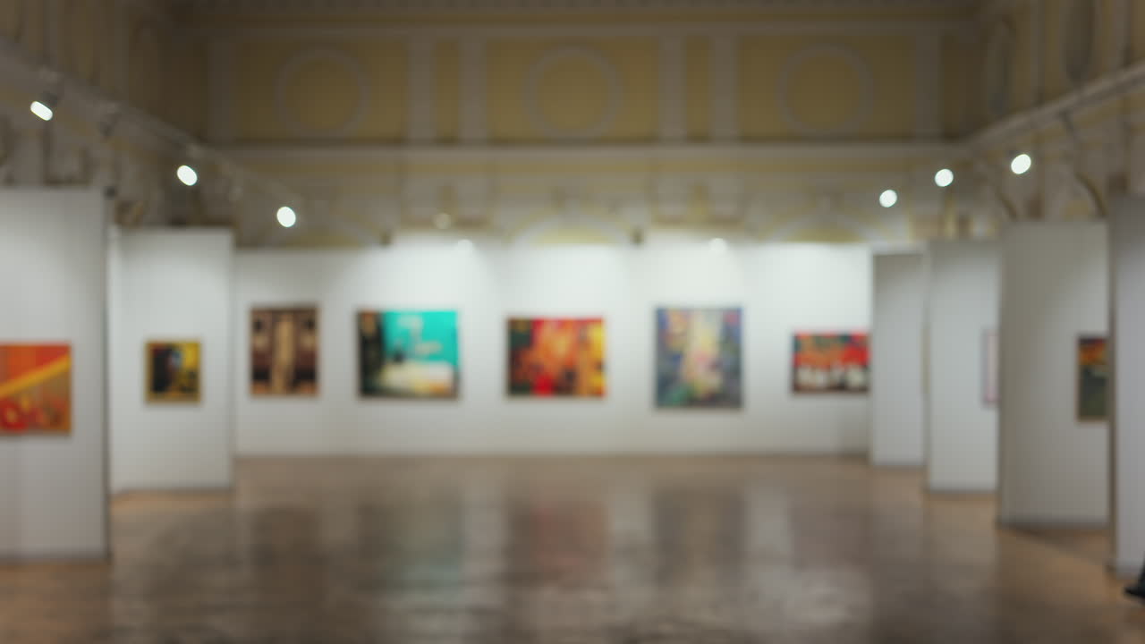 Blurred view of people walking through the National Museum of Fine Arts in Chisinau, Moldova
