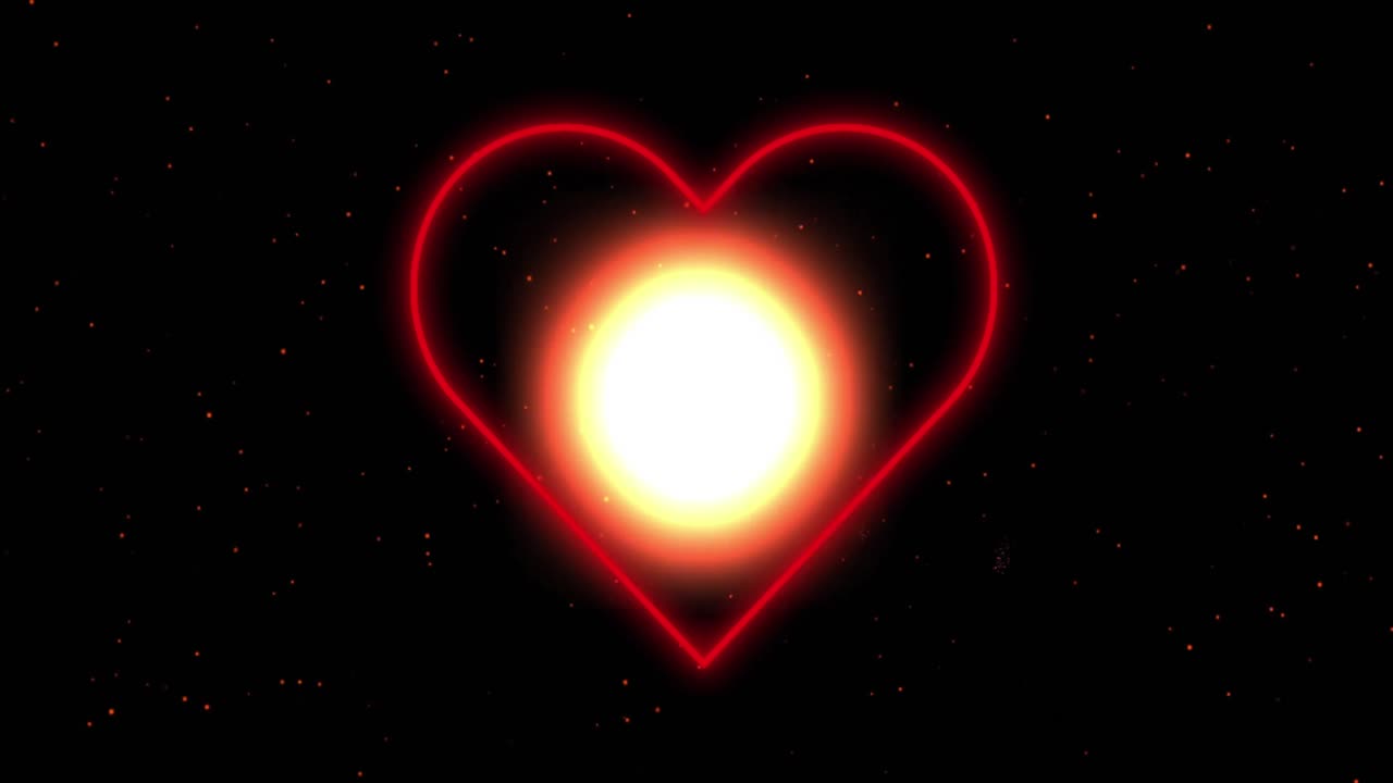 анимация светящегося неонового сердца над красными фейерверками на заднем плане