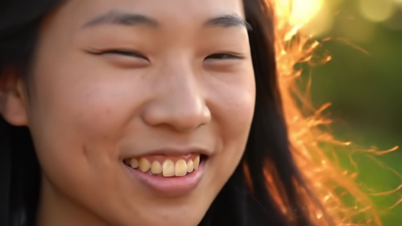 Captivating Smile: A Glimpse Into the Joyful Essence of a Young Woman Bathed in the Warm Glow of Sunset Light, Radiating Happiness and Natural Beauty