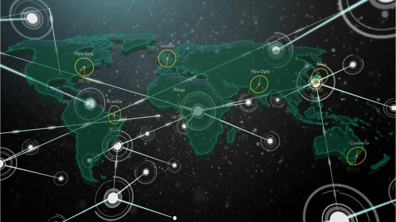 World map with interconnected cities and time zones, global network animation