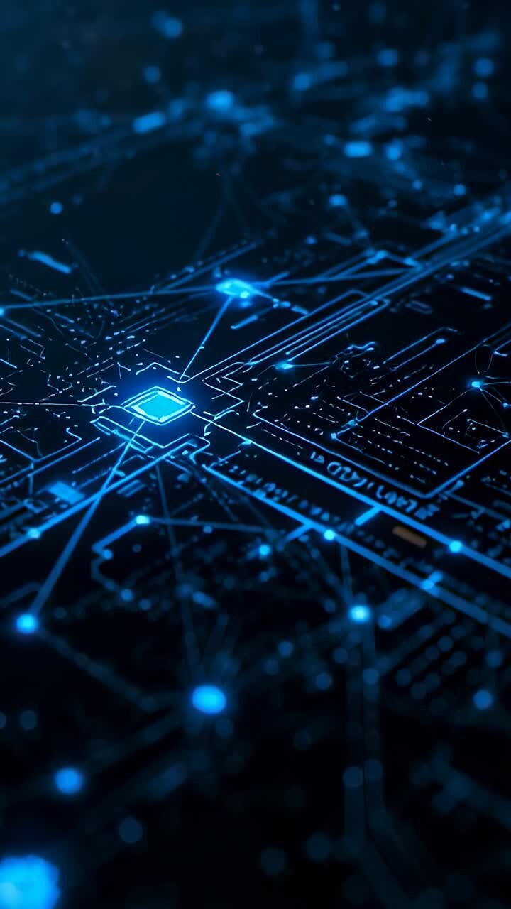 Vídeo vertical: microchip brillante que emite trazos de iluminación pulsátil y nodos en una placa de circuito