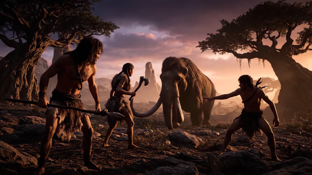 Cavemen Hunting a Mammoth in Prehistoric Times