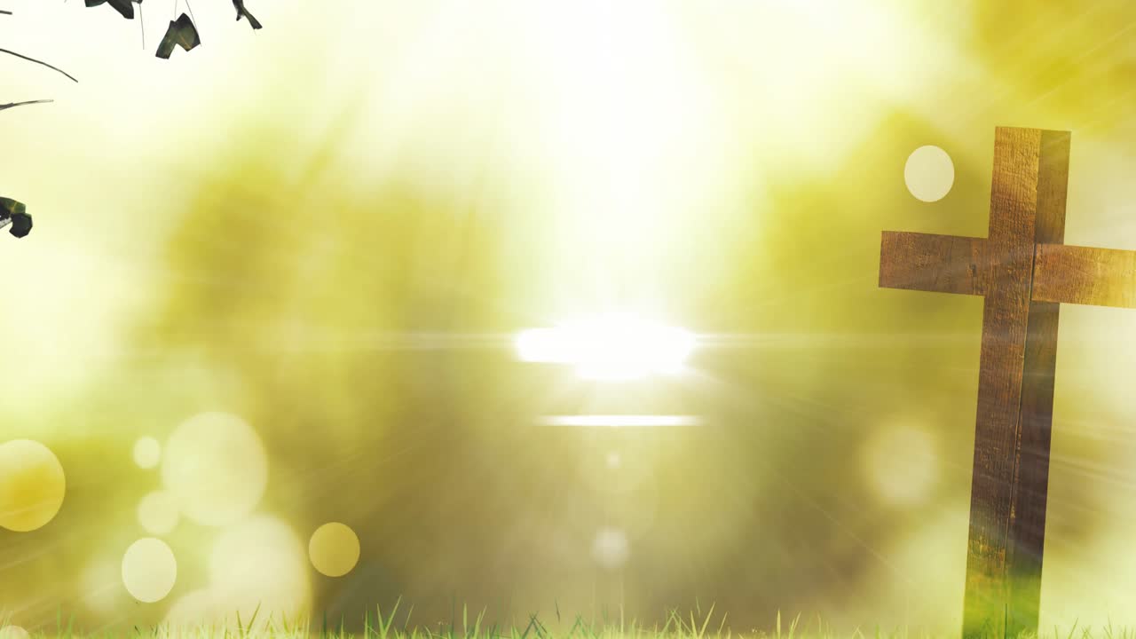 초록색 바탕에 여러 개의 반 ⁇ 이는 반점이 있는 기독교 십자가의 애니메이션