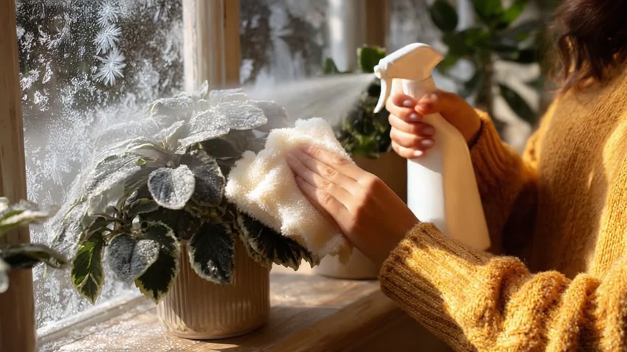 A Cozy Morning Routine: Cleaning Houseplants by the Frosty Window with Gentle Care for Vibrant Indoor Greenery