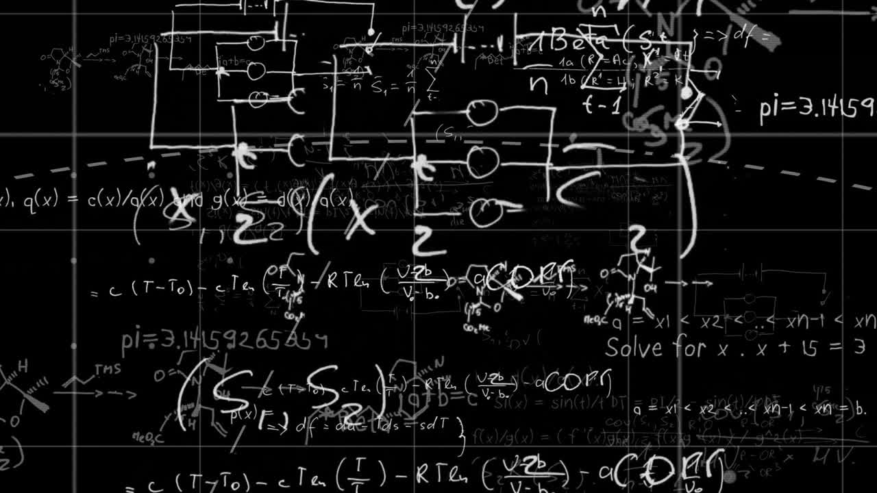 animación de ecuaciones matemáticas y diagramas sobre un fondo negro