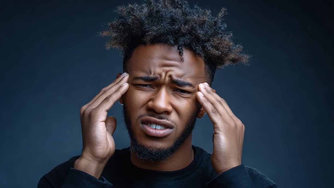 A young man expresses intense discomfort, portraying a relatable feeling of stress or anxiety, with a deep furrow on his brow and hands pressed against his temples for relief