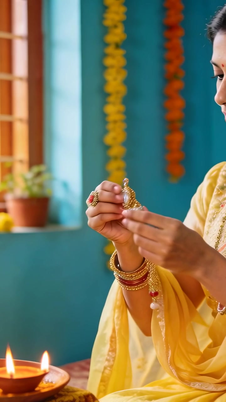 Video verticale: Donna in sari che tiene una catena d'oro e controlla un ciondolo a casa per una puja, con spazio per il testo.