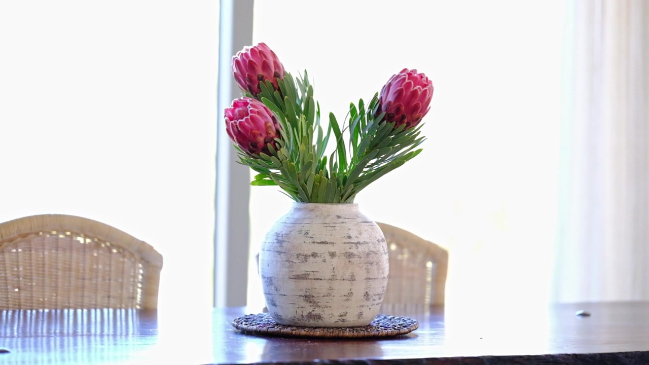 家のダイニングテーブルに置かれた陶器の花瓶に生けられたプロテア
