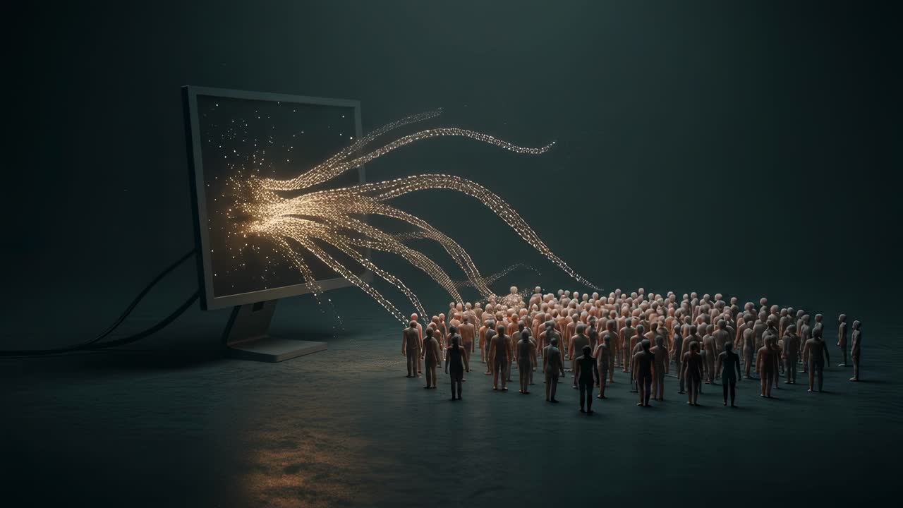 Crowd gathered around a glowing screen as digital energy flows into the physical realm in artistic representation of technology's impact