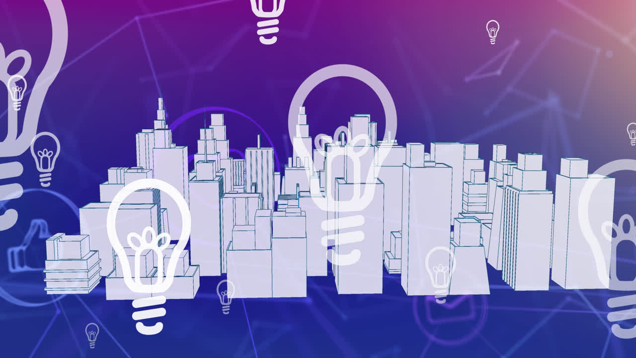 도시 풍경 위의 전구의 애니메이션