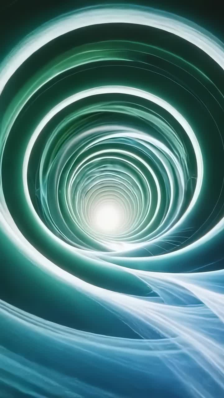 Vertical video: Rotating rings propelling tunnel forward, projecting light ribbons inside 3D space