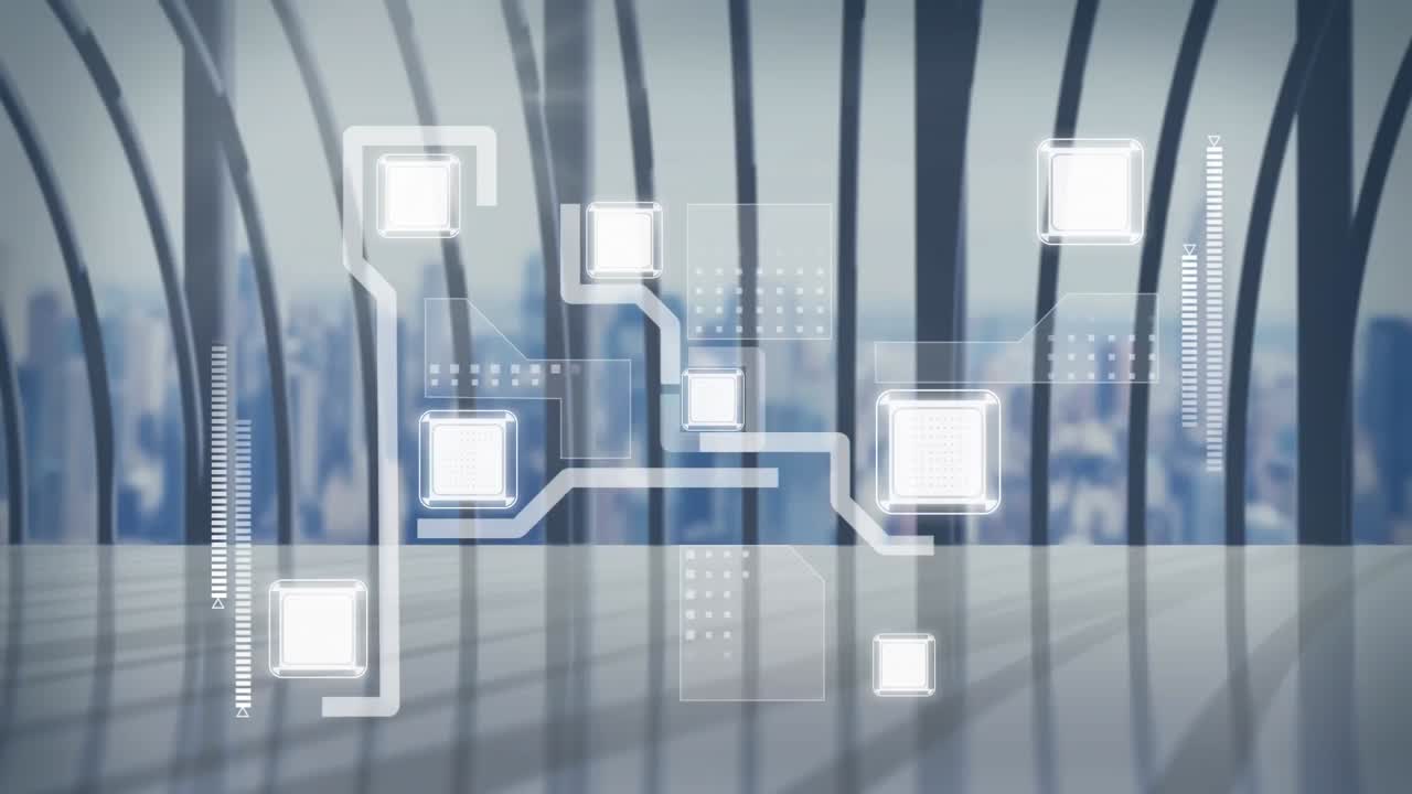 현대적인 건물과 도시 풍경에 대한 데이터 처리 네트워크의 애니메이션