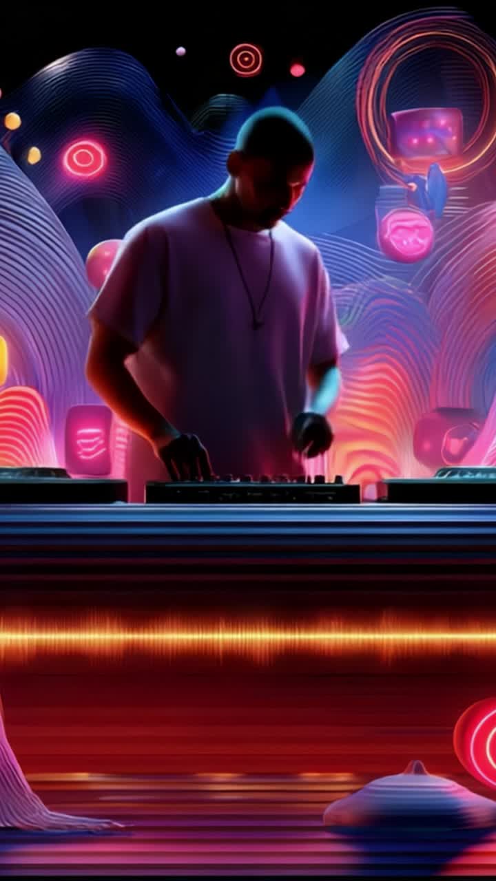 Un'accattivante opera d'arte digitale che mostra un DJ immerso nella creazione di musica, circondato da elementi visivi vibranti e onde sonore colorate che migliorano l'esperienza.
