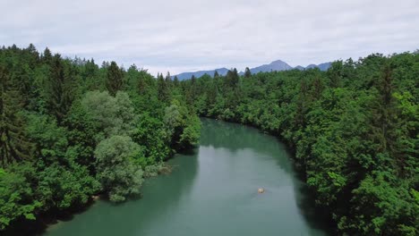 Fliegen-über-Einen-Grünen-Fluss,-Umgeben-Von-Wald