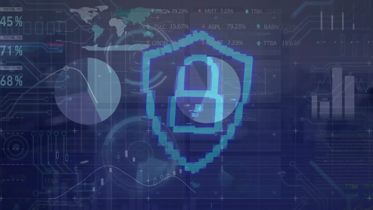 animación del icono del candado de seguridad a través de la interfaz con el procesamiento de datos estadísticos y bursátiles.