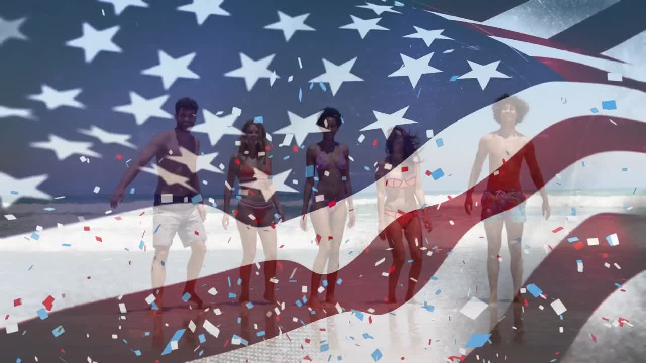Animation of american flag and confetti over diverse friends at beach