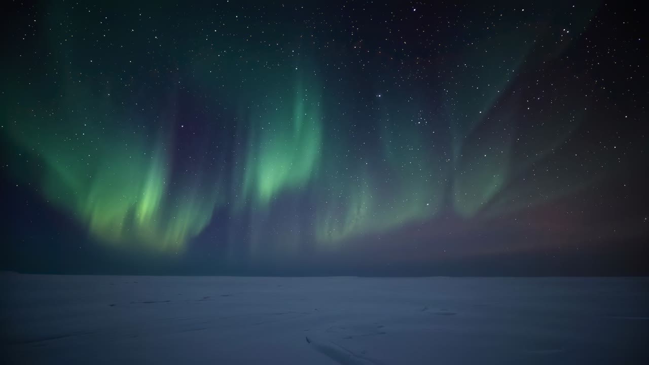 Cortine aurorali mutevoli che formano colonne verdi su una pianura ghiacciata sotto le stelle, dal vento solare