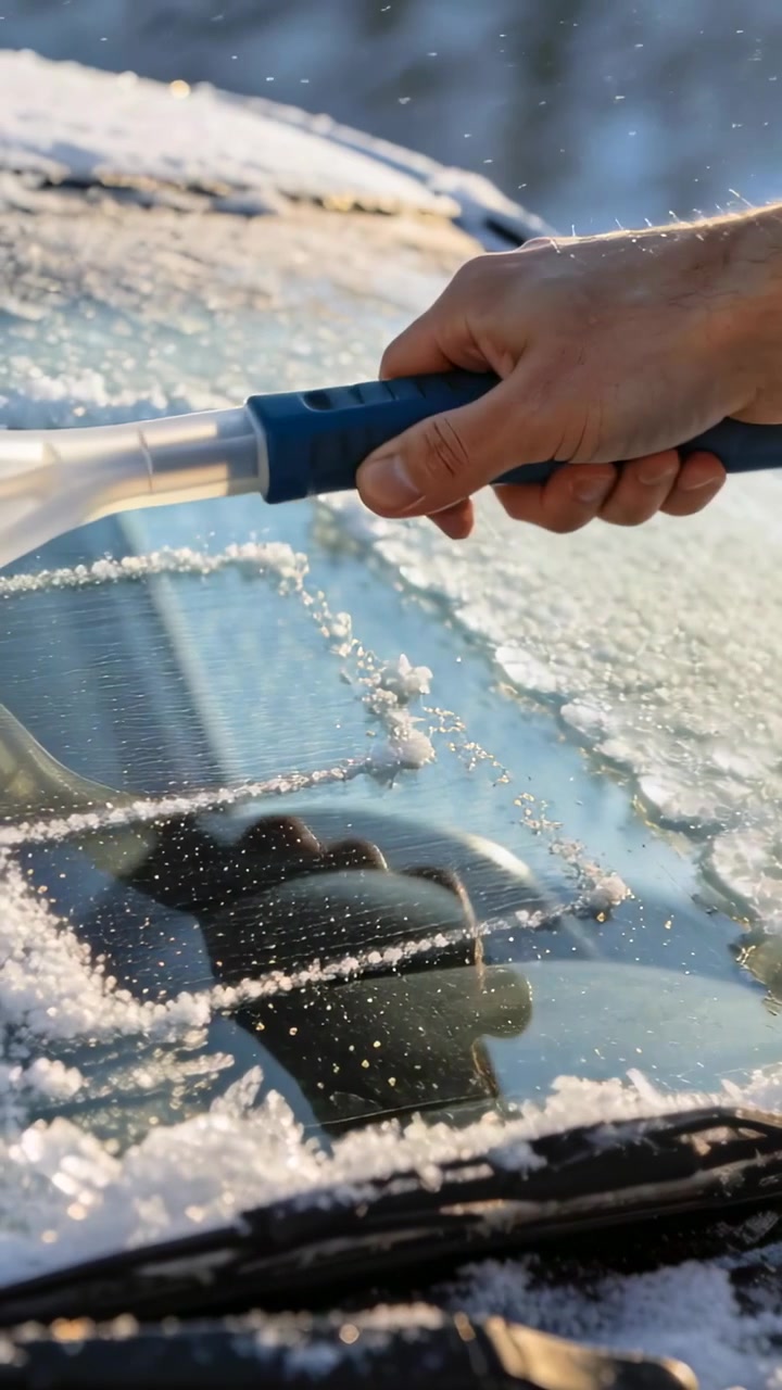 Vertical video: Seeing frost, scraping bare hand clearing car windshield to drive with blue scraper