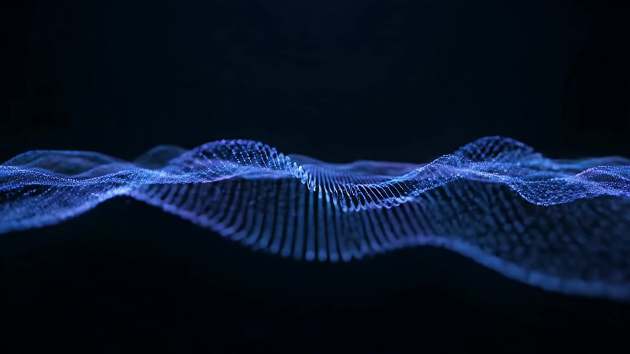 Abstract Blue Digital Particle Wave Motion on Dark Background