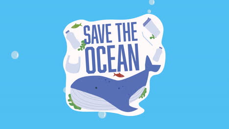 animation of save the ocean ecology text and whales and plastic logo on blue background