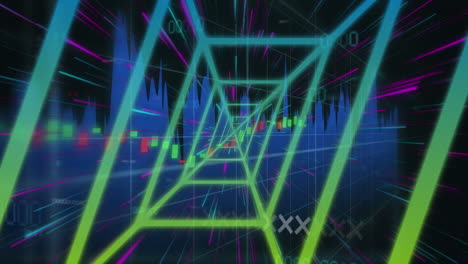 animación de túnel de neón, senderos de luz en patrón sin costuras y procesamiento de datos sobre fondo negro