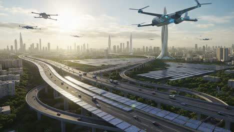 futuristic urban landscape featuring advanced infrastructure, drones in flight over highways and solar panel arrays under a bright sunrise