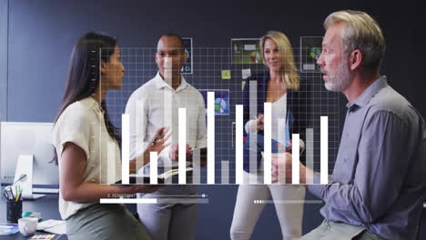 animation of financial data processing over diverse colleagues having meeting in office