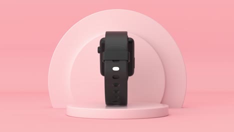 video de resolución 4k: maquete de reloj inteligente moderno negro girando sobre cilindros rosados productos pedestal de escenario en una animación de bucle de fondo rosado
