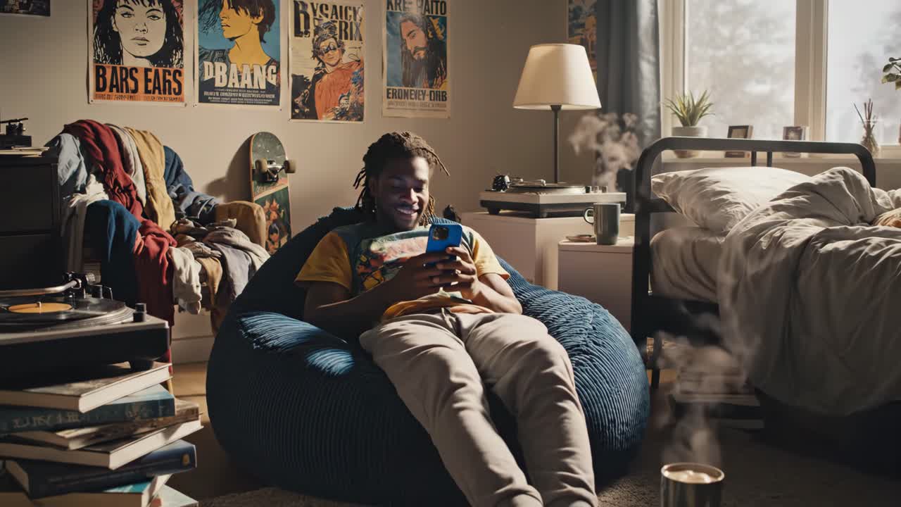 Man relaxes in his bedroom