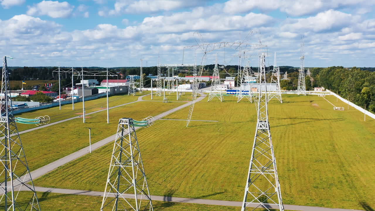 Electrical power distribution system. Aerial view of electric high voltage construction.