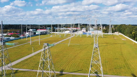 electrical power distribution system. aerial view of electric high voltage construction.