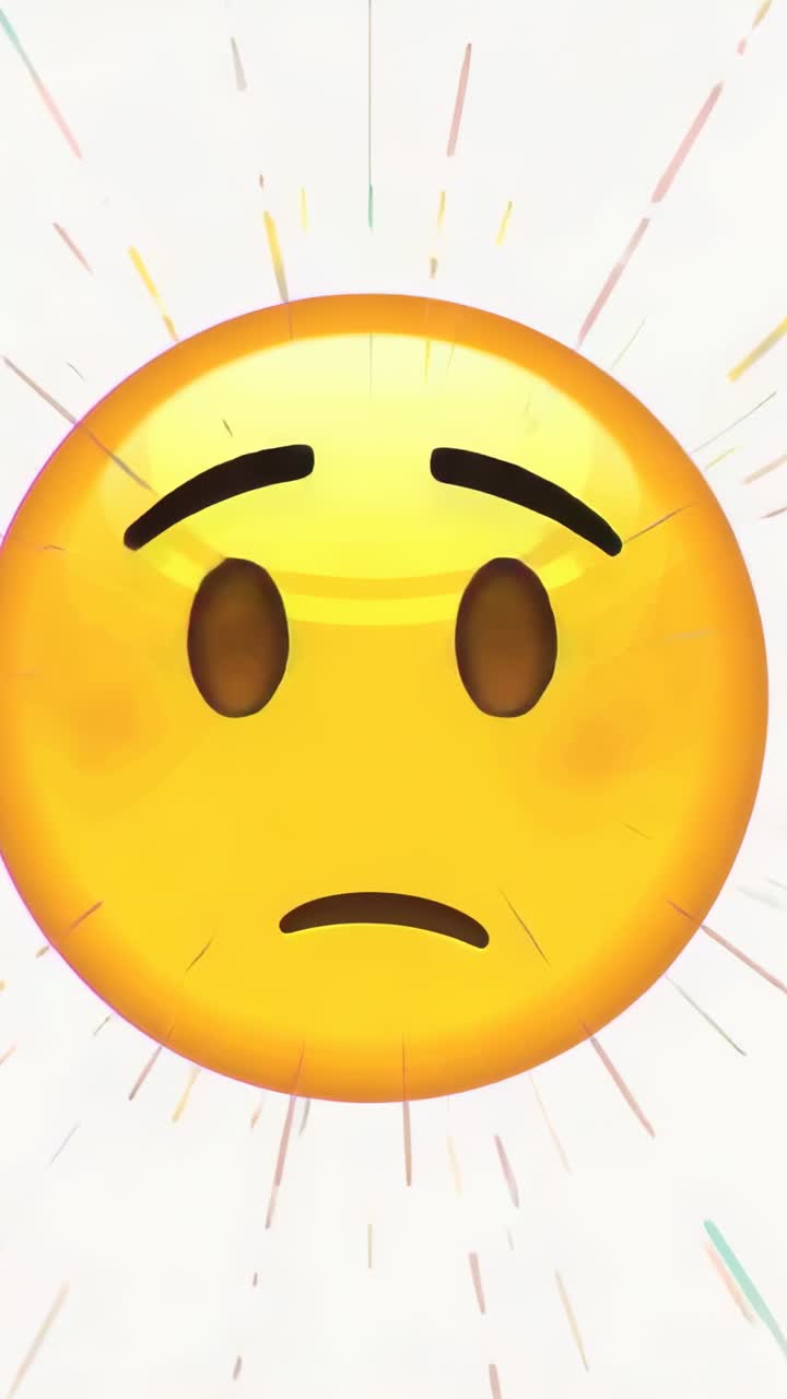 Vertikální video: Znepokojené žluté emoji vysílající barevné pruhy na bílém pozadí pro efekt pohybu