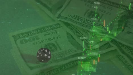 Animation-of-financial-data-processing-over-dice-and-american-dollar-bills-on-green-background