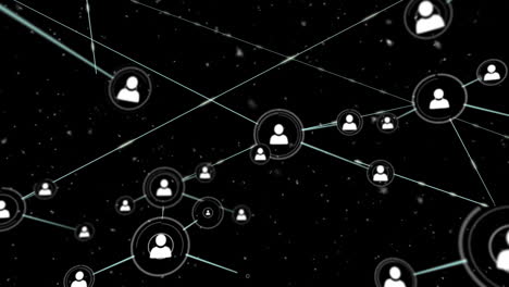 animación de la caída de nieve y la red de conexiones con iconos sobre fondo negro
