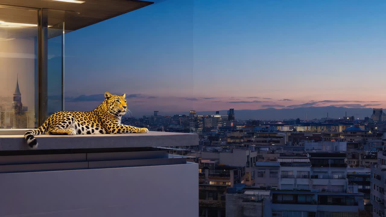 Leopard Overlooking City at Sunset