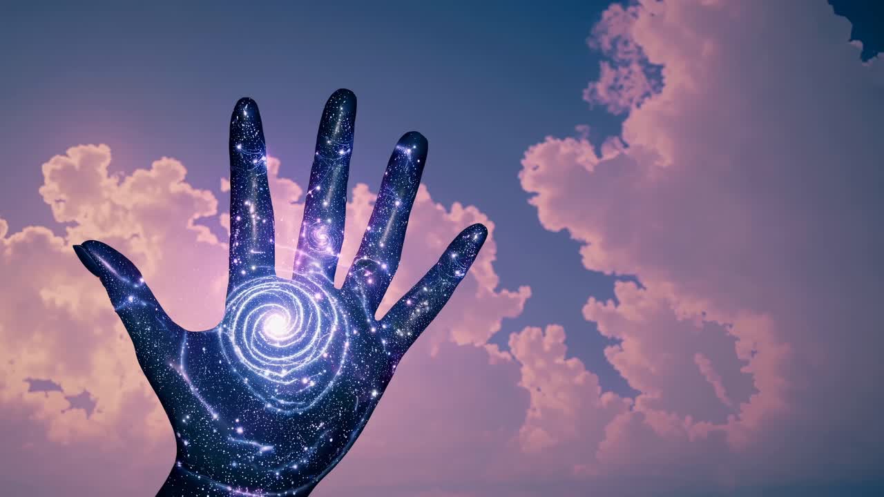 A surreal video concept featuring a hand with a galaxy overlay, reaching towards a vibrant sky
