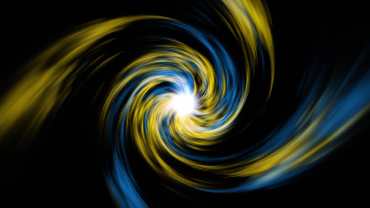 Looped animation in yellow and blue colors on dark background. Abstract repeating spiral pattern. Colorful Swirl motion video.