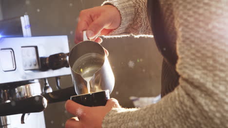 Barista pouring steamed milk from metal pitcher into mug in 3D render, highlighting warm lighting