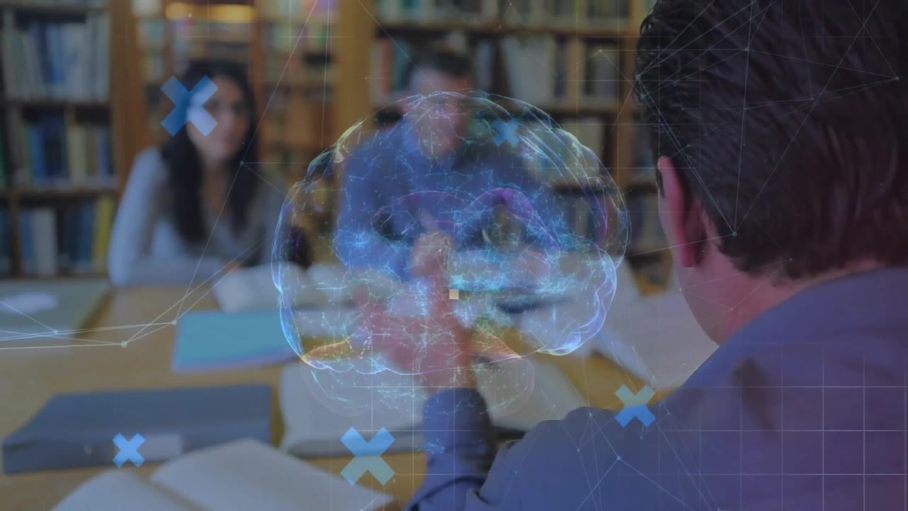 Professor gesturing while activating AR overlay in library showing nodes and 3D globe for education