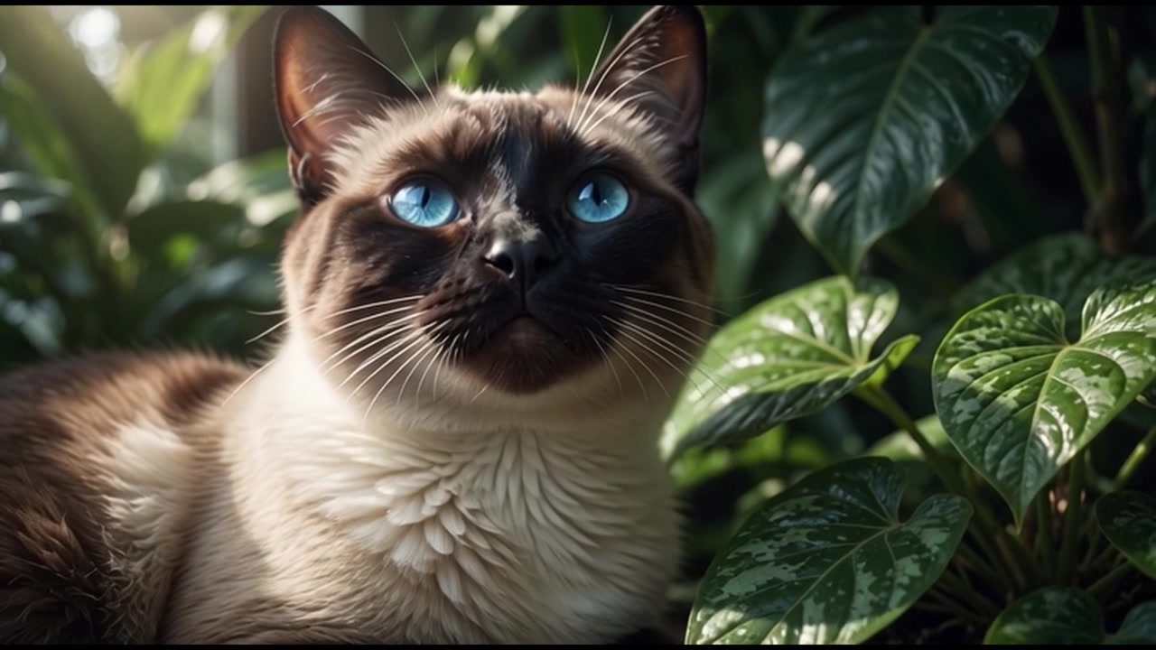 Gatto siamese con occhi azzurri brillanti seduto tra piante verdi lussureggianti