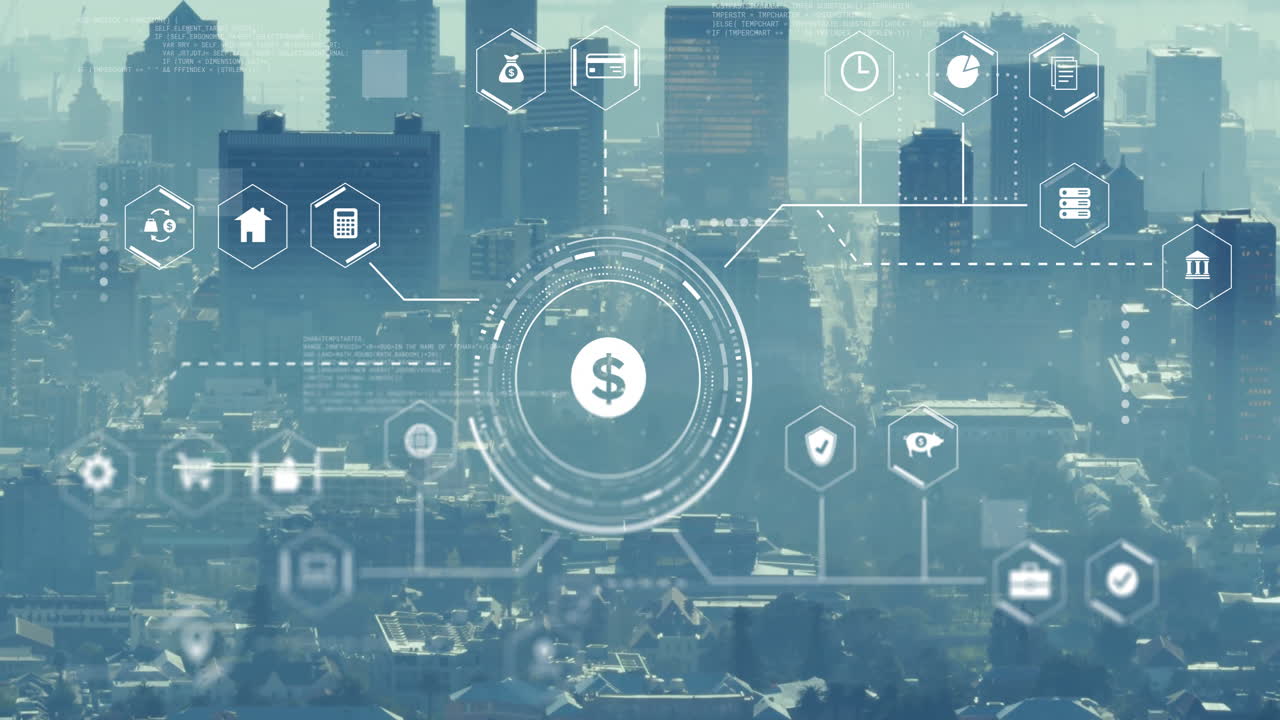 animación de iconos de moneda digital y procesamiento de datos en el paisaje urbano