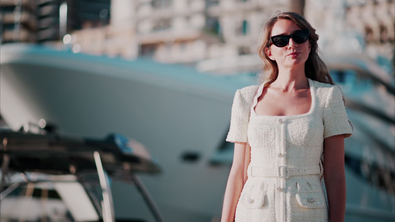 Brunette woman in a white dress walking with a blurry view of a port on the background