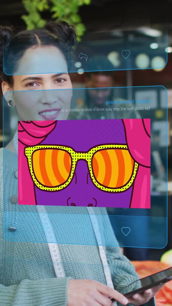 Vertical video: Woman tailor tapping phone in cafe, activating augmented panels previewing swatches
