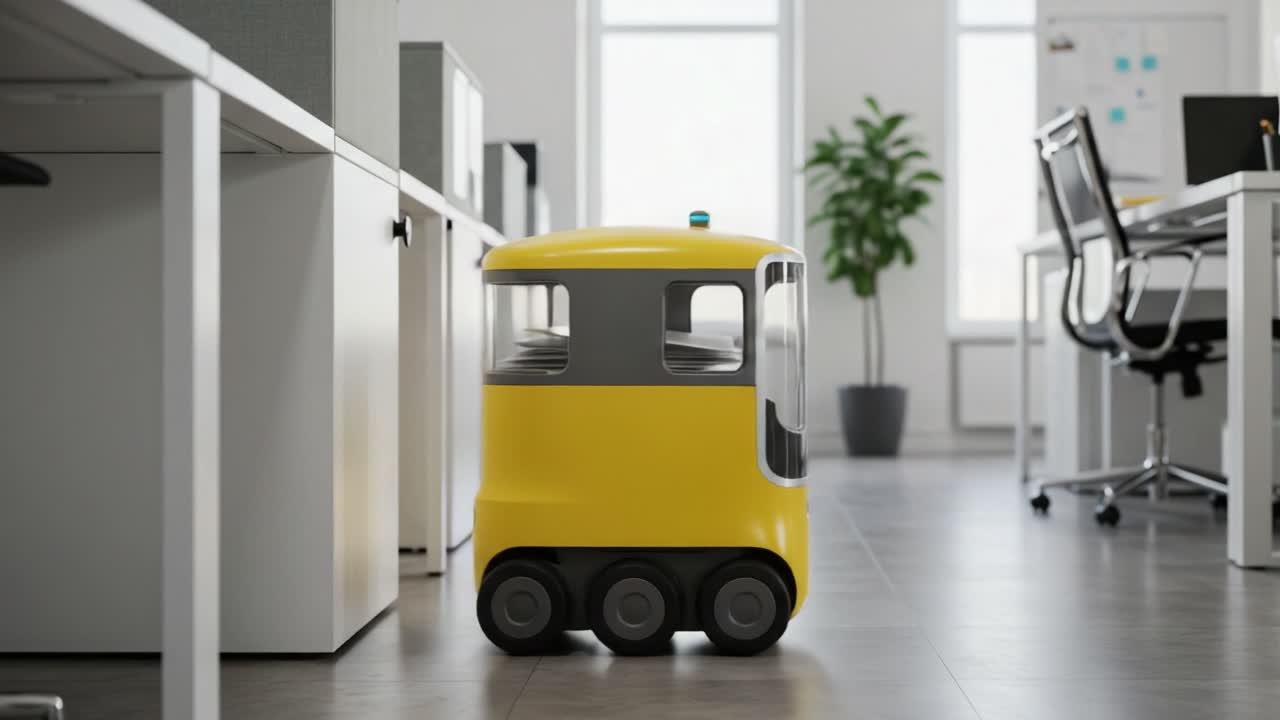 A Small Yellow Delivery Robot Navigating Through Modern Office Space, Designed for Efficient Movement Between Workstations and Enhancing Workplace Productivity